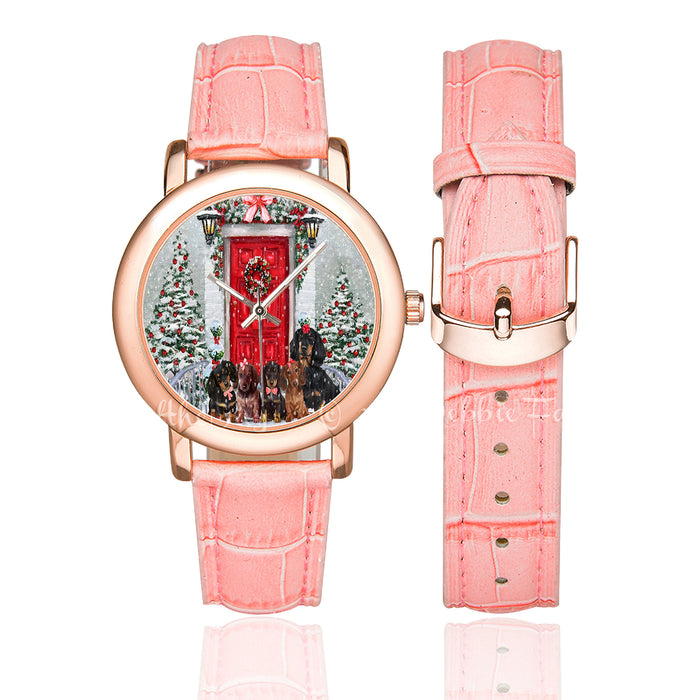 Christmas Holiday Welcome Red Door Dachshund Dog on Women's Rose Gold Leather Strap Watch