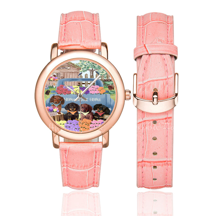 Rhododendron Home Sweet Home Garden Blue Truck Dachshund Dog on Women's Rose Gold Leather Strap Watch