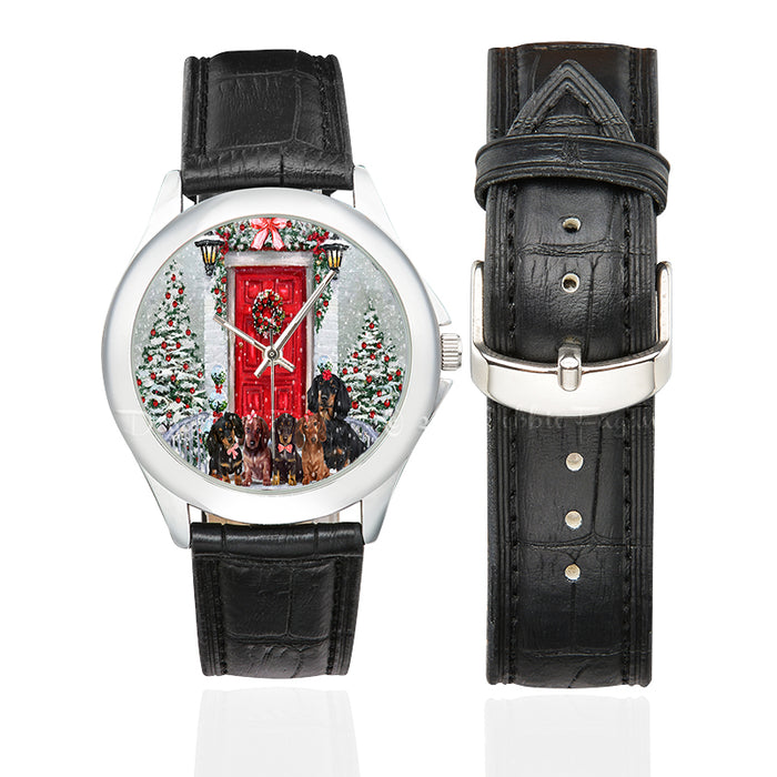 Christmas Holiday Welcome Red Door Dachshund Dog on Women's Classic Leather Strap Watch