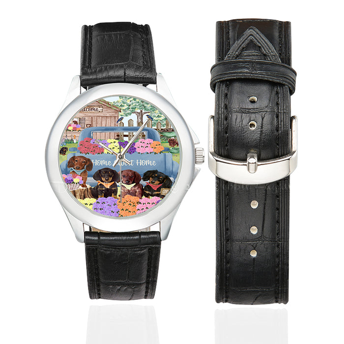 Rhododendron Home Sweet Home Garden Blue Truck Dachshund Dog on Women's Classic Leather Strap Watch