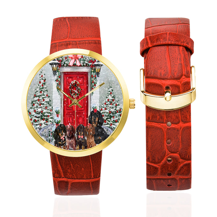 Christmas Holiday Welcome Red Door Dachshund Dog on Women's Golden Leather Strap Watch