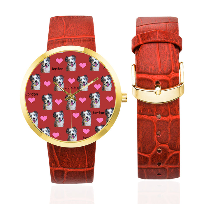 Custom Add Your Photo Here PET Dog Cat Photos on Women's Golden Leather Strap Watch