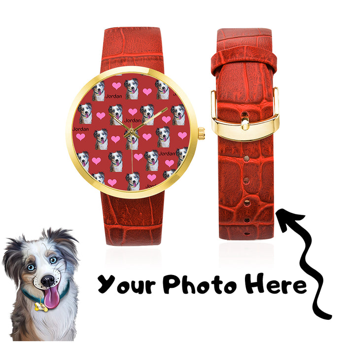 Custom Add Your Photo Here PET Dog Cat Photos on Women's Golden Leather Strap Watch
