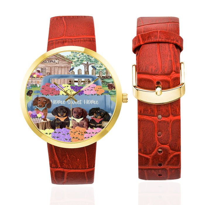 Rhododendron Home Sweet Home Garden Blue Truck Dachshund Dog on Women's Golden Leather Strap Watch