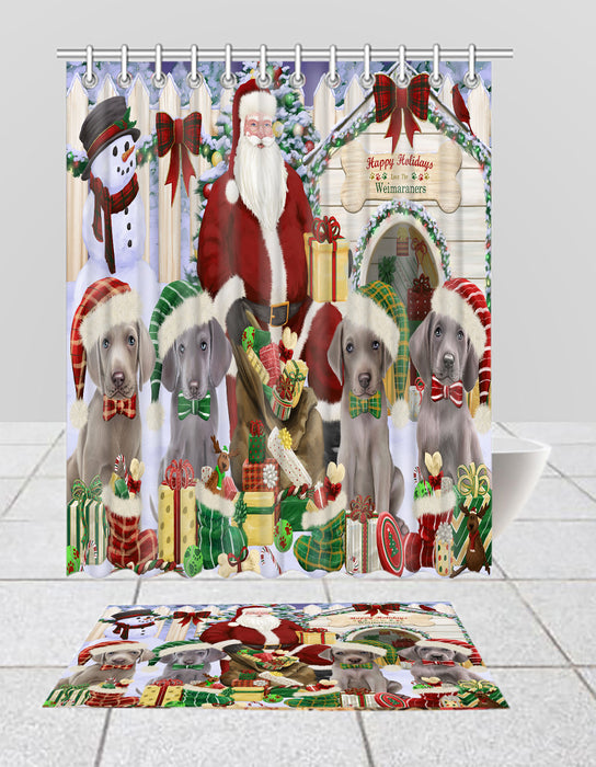Happy Holidays Christmas Weimaraner Dogs House Gathering Bath Mat and Shower Curtain Combo