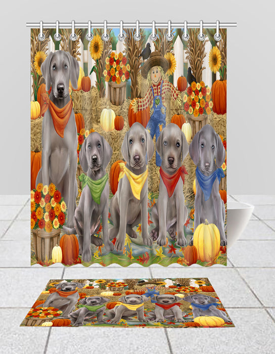 Fall Festive Harvest Time Gathering Weimaraner Dogs Bath Mat and Shower Curtain Combo