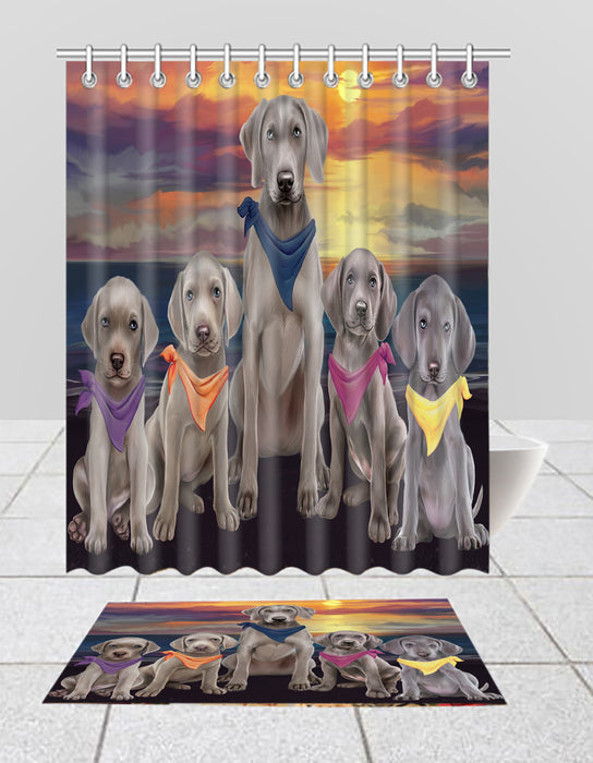 Family Sunset Portrait Weimaraner Dogs Bath Mat and Shower Curtain Combo