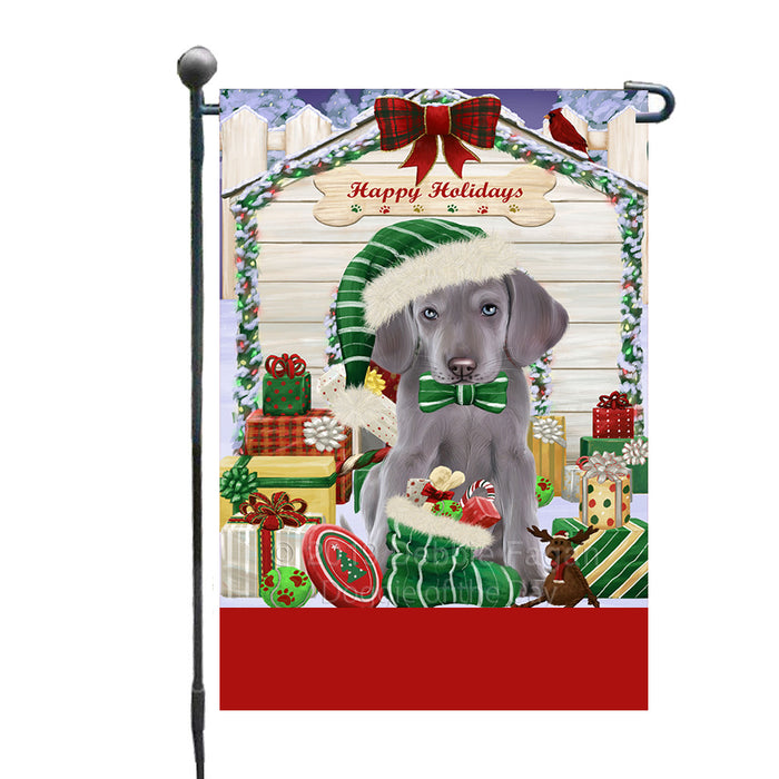 Personalized Happy Holidays Christmas Weimaraner Dog House with Presents Custom Garden Flags GFLG-DOTD-A59390