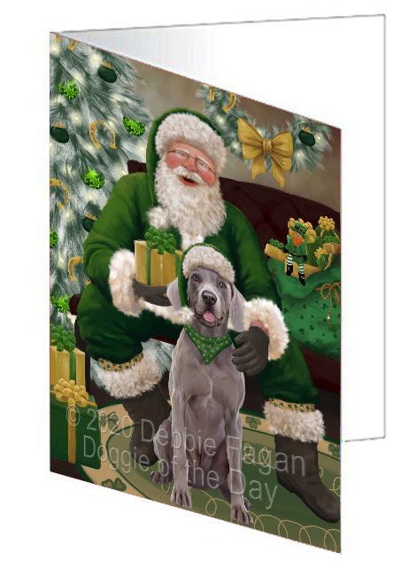 Christmas Irish Santa with Gift and Weimaraner Dog Handmade Artwork Assorted Pets Greeting Cards and Note Cards with Envelopes for All Occasions and Holiday Seasons GCD76007