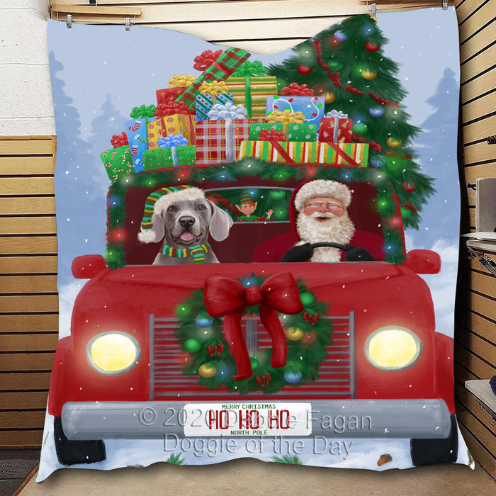 Christmas Honk Honk Red Truck with Santa and Weimaraner Dog Quilt Bed Coverlet Bedspread - Pets Comforter Unique One-side Animal Printing - Soft Lightweight Durable Washable Polyester Quilt