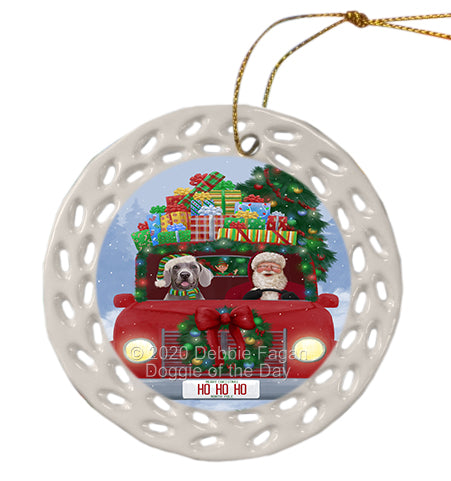 Christmas Honk Honk Red Truck with Santa and Weimaraner Dog Doily Ornament DPOR59400