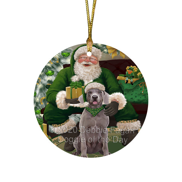 Christmas Irish Santa with Gift and Weimaraner Dog Round Flat Christmas Ornament RFPOR57979