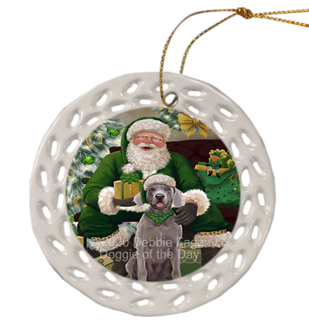 Christmas Irish Santa with Gift and Weimaraner Dog Doily Ornament DPOR59541