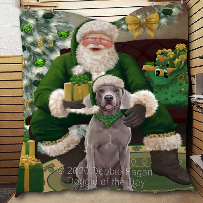 Christmas Irish Santa with Gift and Weimaraner Dog Quilt Bed Coverlet Bedspread - Pets Comforter Unique One-side Animal Printing - Soft Lightweight Durable Washable Polyester Quilt