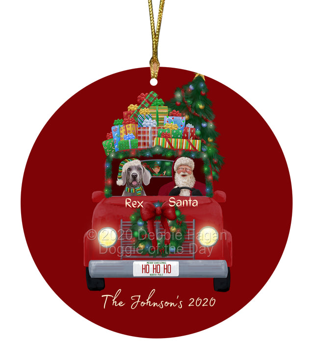 Personalized Christmas Honk Honk Red Truck Here Comes with Santa and Weimaraner Dog Round Flat Ornament PRBPOR59129