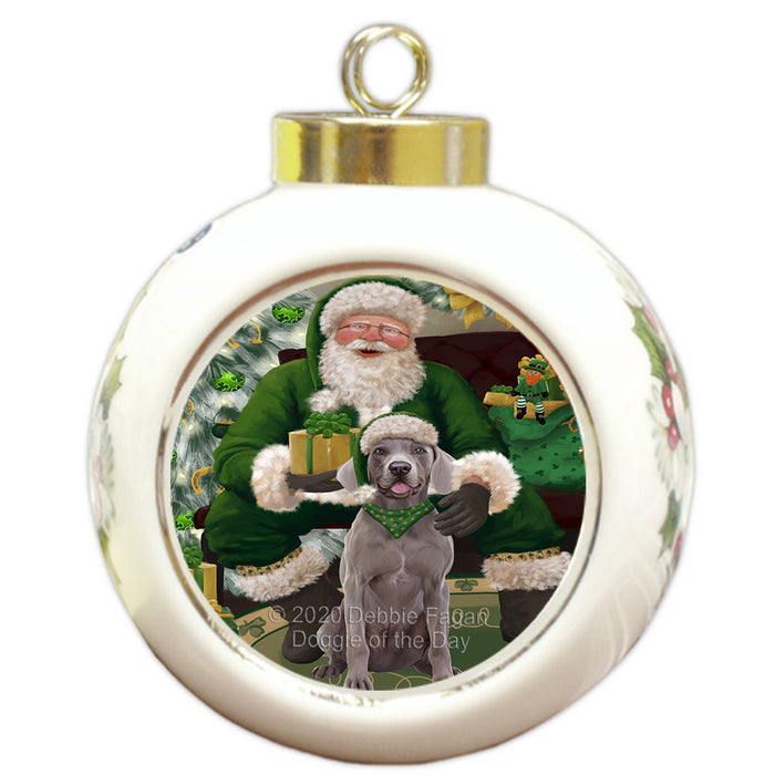 Christmas Irish Santa with Gift and Weimaraner Dog Round Ball Christmas Ornament RBPOR57979