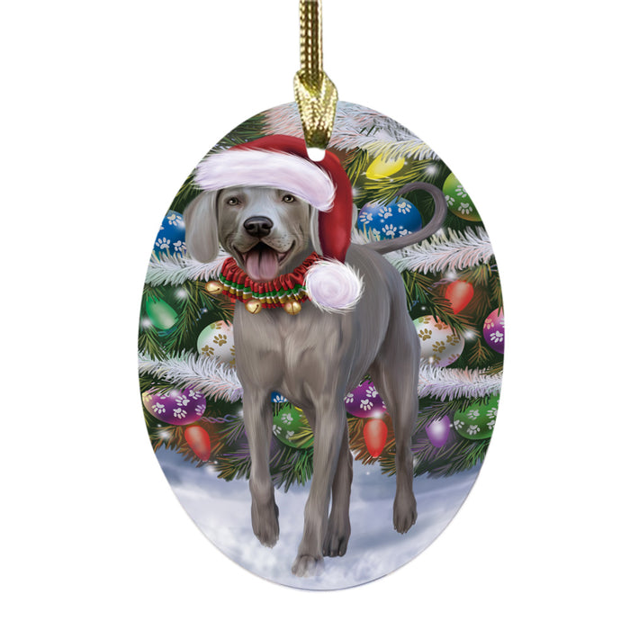Trotting in the Snow Weimaraner Dog Oval Glass Christmas Ornament OGOR49467