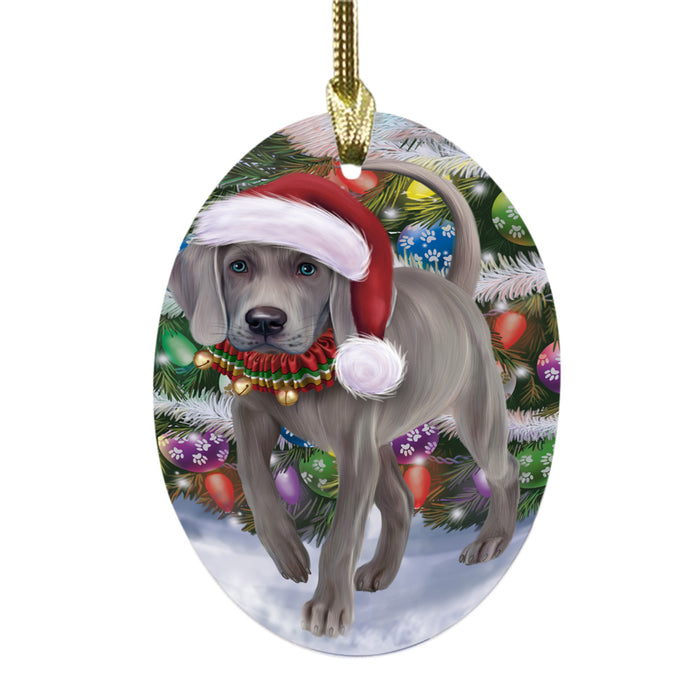 Trotting in the Snow Weimaraner Dog Oval Glass Christmas Ornament OGOR49468