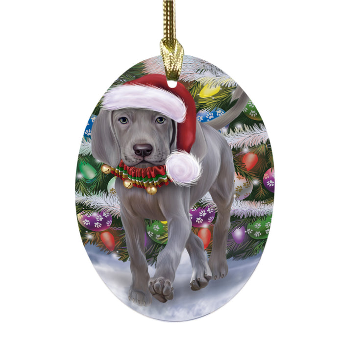 Trotting in the Snow Weimaraner Dog Oval Glass Christmas Ornament OGOR49469