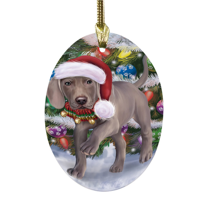 Trotting in the Snow Weimaraner Dog Oval Glass Christmas Ornament OGOR49470