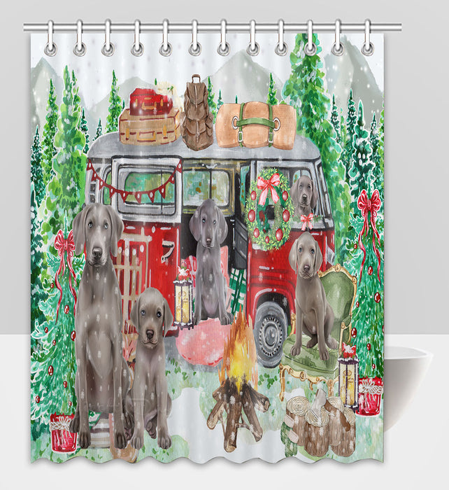 Christmas Time Camping with Weimaraner Dogs Shower Curtain Pet Painting Bathtub Curtain Waterproof Polyester One-Side Printing Decor Bath Tub Curtain for Bathroom with Hooks