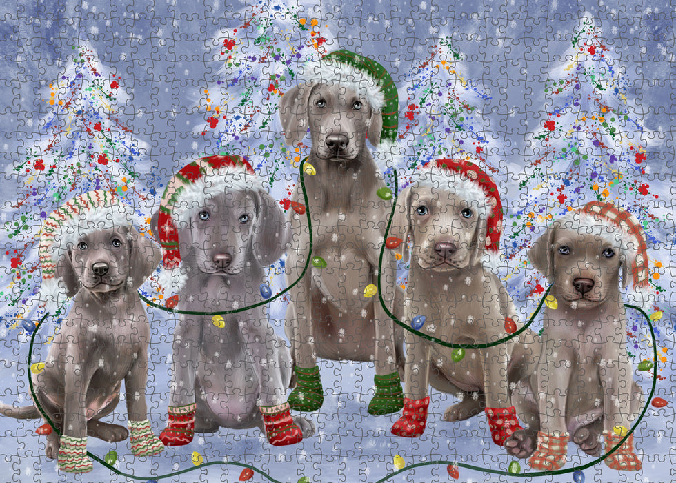 Christmas Lights and Weimaraner Dogs Portrait Jigsaw Puzzle for Adults Animal Interlocking Puzzle Game Unique Gift for Dog Lover's with Metal Tin Box