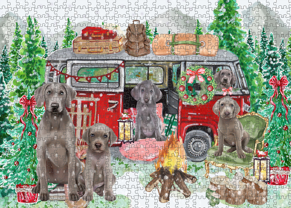 Christmas Time Camping with Weimaraner Dogs Portrait Jigsaw Puzzle for Adults Animal Interlocking Puzzle Game Unique Gift for Dog Lover's with Metal Tin Box