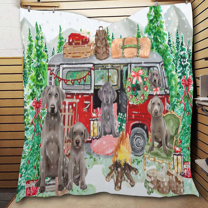 Christmas Time Camping with Weimaraner Dogs  Quilt Bed Coverlet Bedspread - Pets Comforter Unique One-side Animal Printing - Soft Lightweight Durable Washable Polyester Quilt