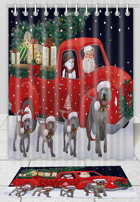Christmas Express Delivery Red Truck Running Weimaraner Dogs Bath Mat and Shower Curtain Combo