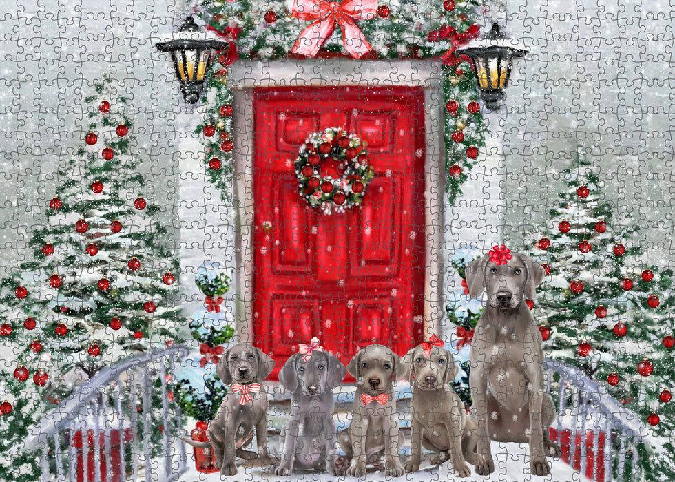 Christmas Holiday Welcome Weimaraner Dogs Portrait Jigsaw Puzzle for Adults Animal Interlocking Puzzle Game Unique Gift for Dog Lover's with Metal Tin Box