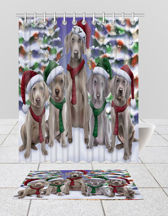 Weimaraner Dogs Christmas Family Portrait in Holiday Scenic Background  Bath Mat and Shower Curtain Combo