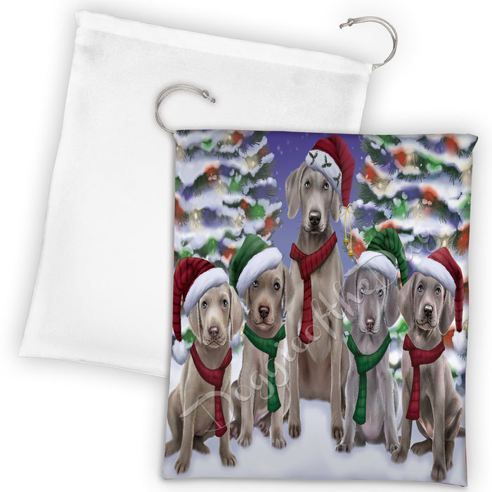 Weimaraner Dogs Christmas Family Portrait in Holiday Scenic Background Drawstring Laundry or Gift Bag LGB48187