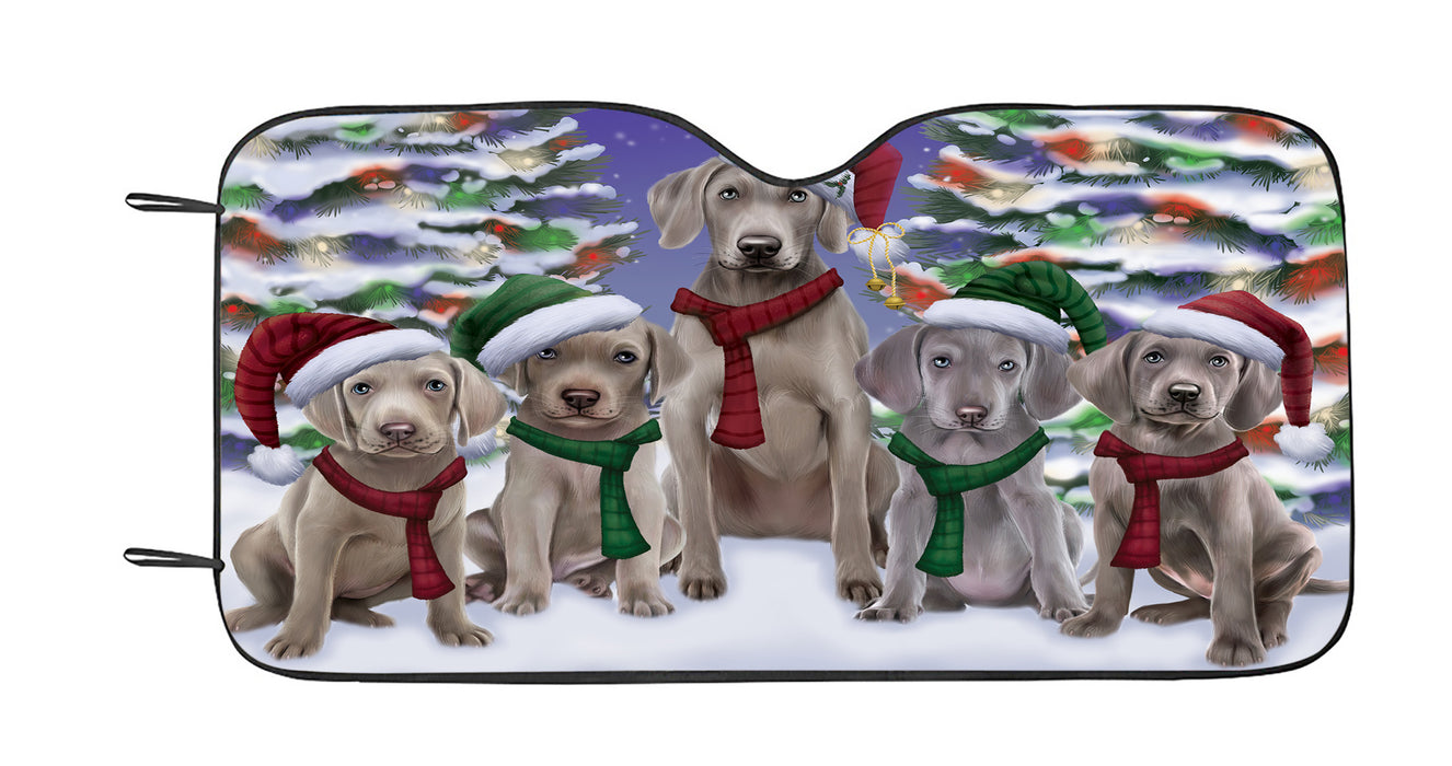 Weimaraner Dogs Christmas Family Portrait in Holiday Scenic Background Car Sun Shade