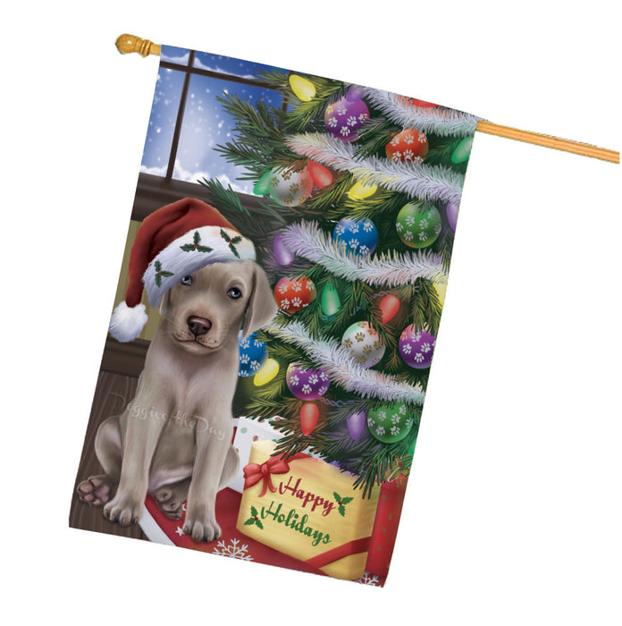Christmas Tree with Presents Weimaraner Dog House Flag Outdoor Decorative Double Sided Pet Portrait Weather Resistant Premium Quality Animal Printed Home Decorative Flags 100% Polyester