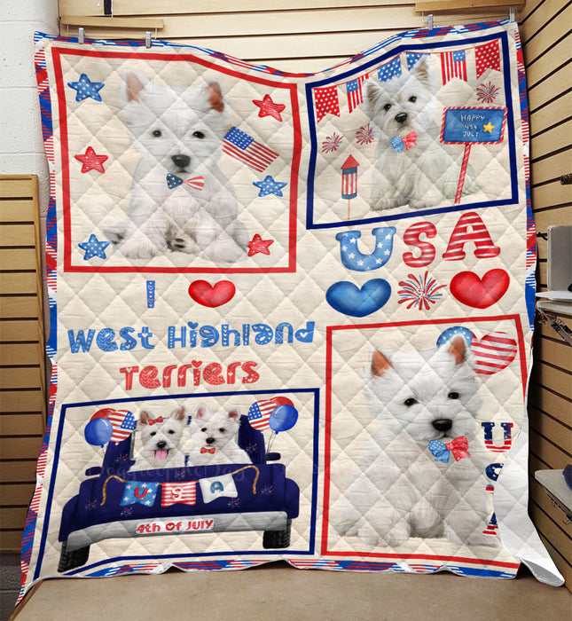 4th of July Independence Day I Love USA West Highland Terrier Dogs Quilt Bed Coverlet Bedspread - Pets Comforter Unique One-side Animal Printing - Soft Lightweight Durable Washable Polyester Quilt