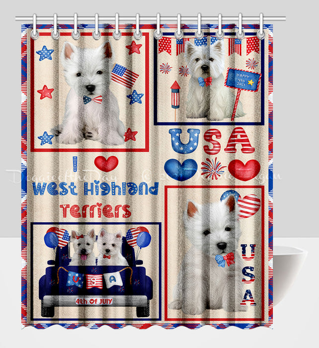 4th of July Independence Day I Love USA West Highland Terrier Dogs Shower Curtain Pet Painting Bathtub Curtain Waterproof Polyester One-Side Printing Decor Bath Tub Curtain for Bathroom with Hooks