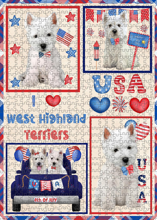 4th of July Independence Day I Love USA West Highland Terrier Dogs Portrait Jigsaw Puzzle for Adults Animal Interlocking Puzzle Game Unique Gift for Dog Lover's with Metal Tin Box