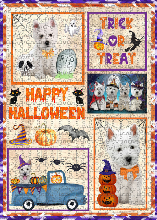Happy Halloween Trick or Treat West Highland Terrier Dogs Portrait Jigsaw Puzzle for Adults Animal Interlocking Puzzle Game Unique Gift for Dog Lover's with Metal Tin Box