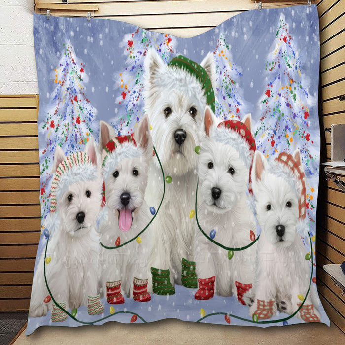 Christmas Lights and West Highland Terrier Dogs  Quilt Bed Coverlet Bedspread - Pets Comforter Unique One-side Animal Printing - Soft Lightweight Durable Washable Polyester Quilt