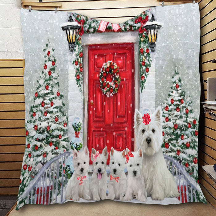 Christmas Holiday Welcome West Highland Terrier Dogs  Quilt Bed Coverlet Bedspread - Pets Comforter Unique One-side Animal Printing - Soft Lightweight Durable Washable Polyester Quilt