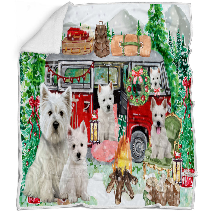 Christmas Time Camping with West Highland Terrier Dogs Blanket - Lightweight Soft Cozy and Durable Bed Blanket - Animal Theme Fuzzy Blanket for Sofa Couch