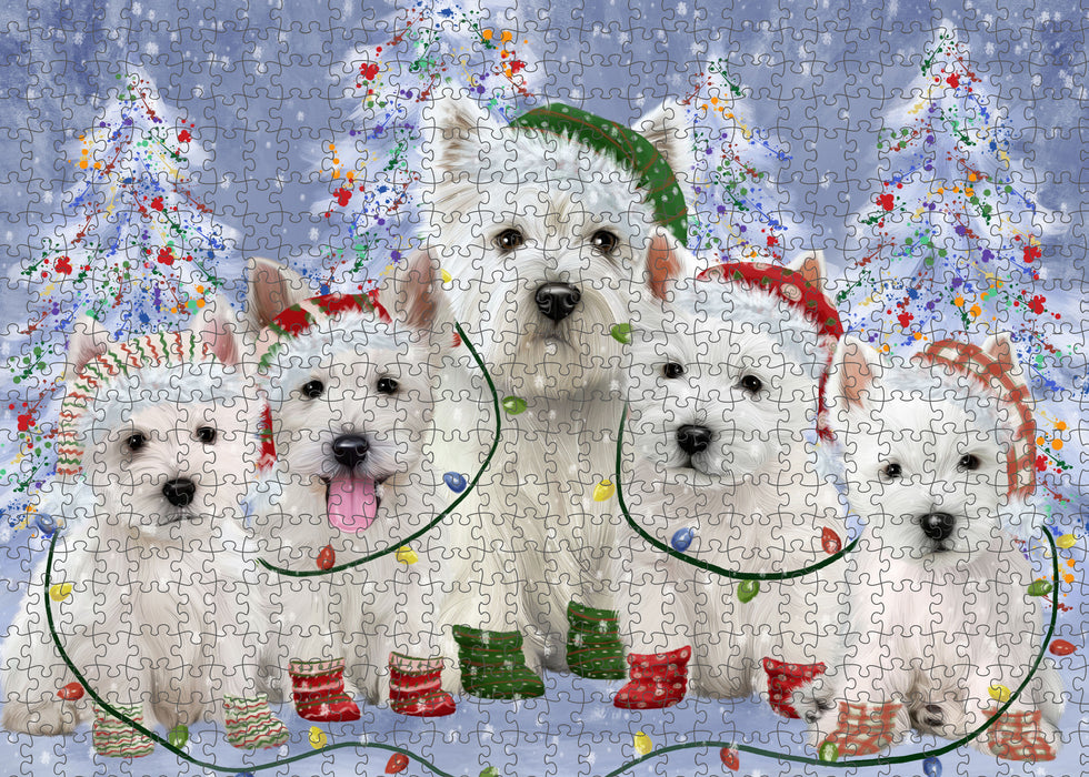 Christmas Lights and West Highland Terrier Dogs Portrait Jigsaw Puzzle for Adults Animal Interlocking Puzzle Game Unique Gift for Dog Lover's with Metal Tin Box