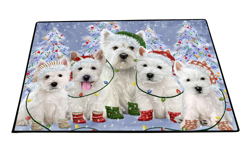 Christmas Lights and West Highland Terrier Dogs Floor Mat- Anti-Slip Pet Door Mat Indoor Outdoor Front Rug Mats for Home Outside Entrance Pets Portrait Unique Rug Washable Premium Quality Mat