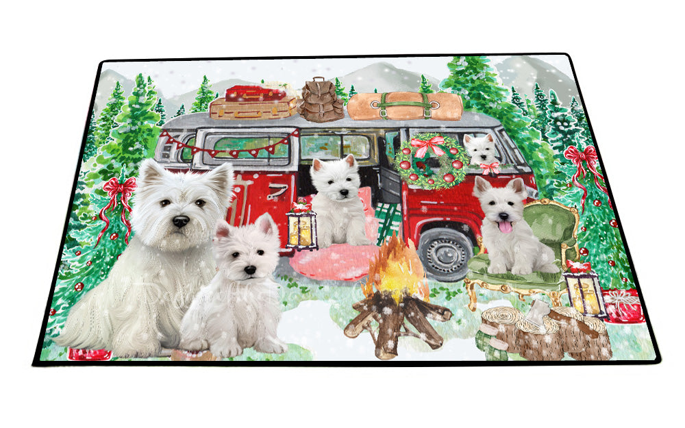 Christmas Time Camping with West Highland Terrier Dogs Floor Mat- Anti-Slip Pet Door Mat Indoor Outdoor Front Rug Mats for Home Outside Entrance Pets Portrait Unique Rug Washable Premium Quality Mat