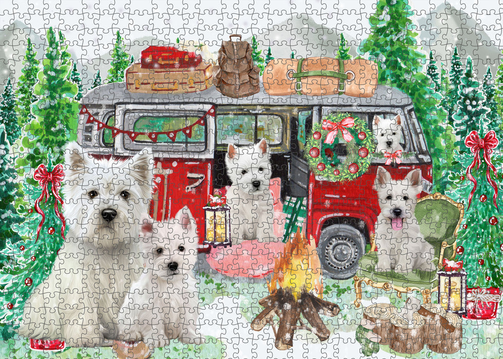 Christmas Time Camping with West Highland Terrier Dogs Portrait Jigsaw Puzzle for Adults Animal Interlocking Puzzle Game Unique Gift for Dog Lover's with Metal Tin Box