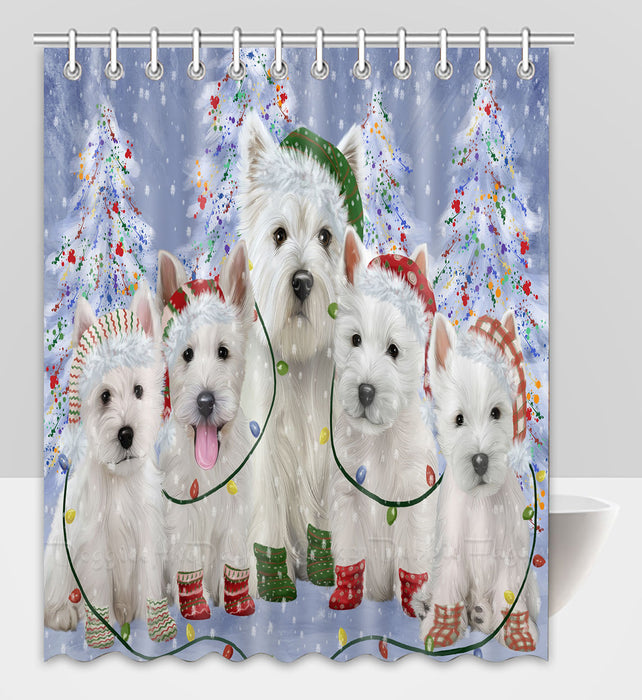 Christmas Lights and West Highland Terrier Dogs Shower Curtain Pet Painting Bathtub Curtain Waterproof Polyester One-Side Printing Decor Bath Tub Curtain for Bathroom with Hooks