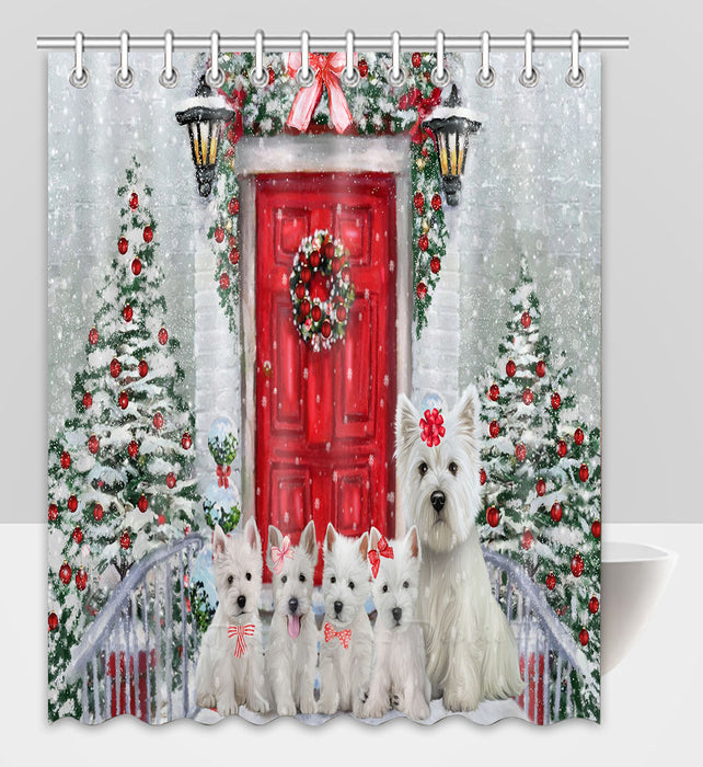 Christmas Holiday Welcome West Highland Terrier Dogs Shower Curtain Pet Painting Bathtub Curtain Waterproof Polyester One-Side Printing Decor Bath Tub Curtain for Bathroom with Hooks