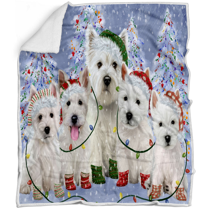 Christmas Lights and West Highland Terrier Dogs Blanket - Lightweight Soft Cozy and Durable Bed Blanket - Animal Theme Fuzzy Blanket for Sofa Couch