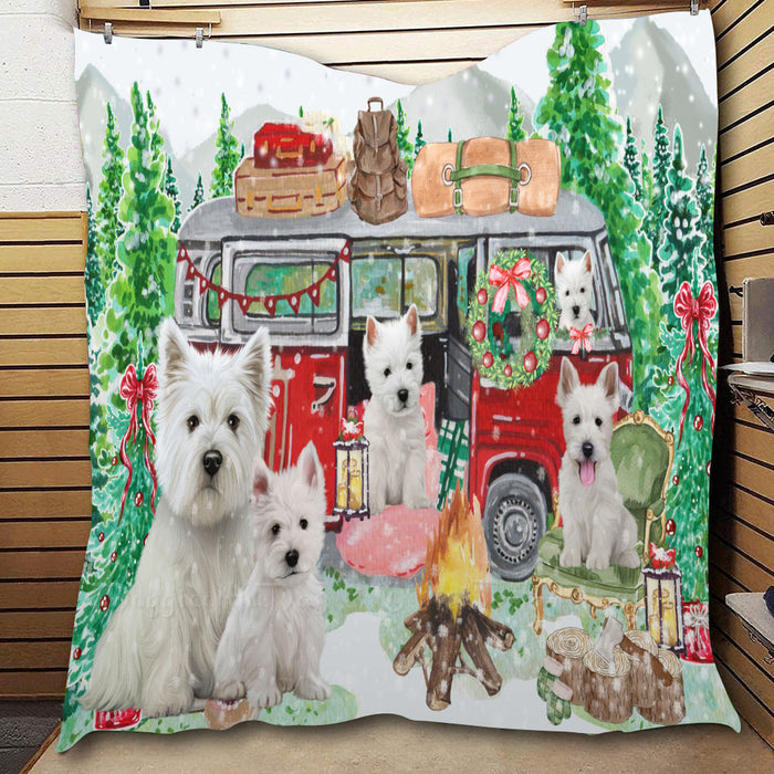 Christmas Time Camping with West Highland Terrier Dogs  Quilt Bed Coverlet Bedspread - Pets Comforter Unique One-side Animal Printing - Soft Lightweight Durable Washable Polyester Quilt