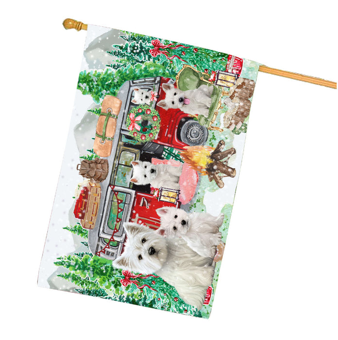Christmas Time Camping with West Highland Terrier Dogs House Flag Outdoor Decorative Double Sided Pet Portrait Weather Resistant Premium Quality Animal Printed Home Decorative Flags 100% Polyester